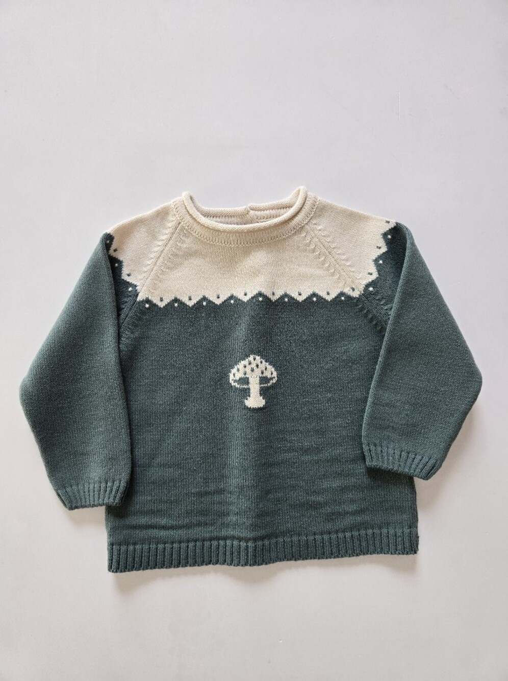 Artesania Granlei Sweater Forest Green And Cream With Mushroom Design 12m